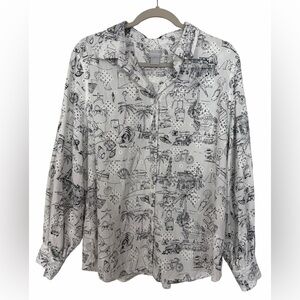 Chico’s Eyelet Button Up Shirt Black & White Vacation Print Size 3 (16/18)